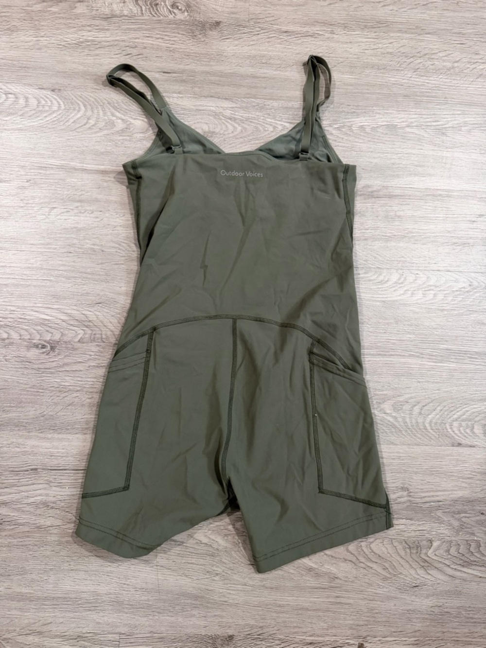 Outdoor Voices Super Form 5” Olive Green Sleeveless Romper with Spaghetti Straps - Picture 3 of 5